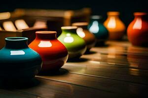 colorful vases on a wooden table. AI-Generated photo