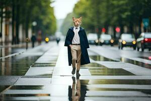 un hombre en un traje y Corbata caminando abajo un mojado calle. generado por ai foto