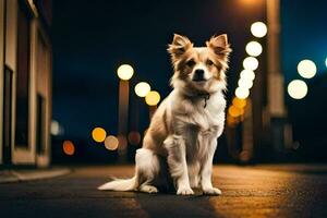 un perro sentado en el calle a noche. generado por ai foto