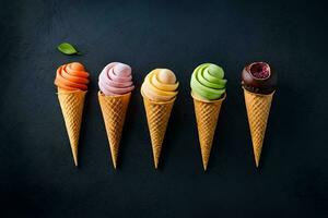 five ice cream cones with different flavors on a black background. AI-Generated photo