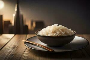 a bowl of rice on a table in front of a cityscape. AI-Generated photo