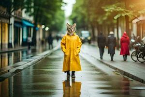 a fox wearing a raincoat stands on a street. AI-Generated photo