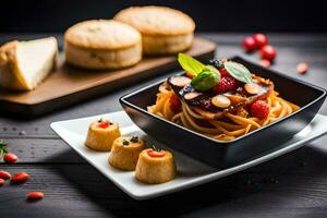 spaghetti with meatballs and vegetables in a square bowl. AI-Generated photo