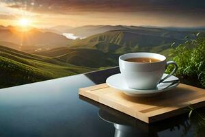 a cup of tea on a table in the mountains. AI-Generated photo