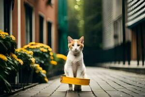a cat walking down a street with yellow flowers. AI-Generated photo