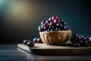 uvas en un cesta en un de madera mesa. generado por ai foto