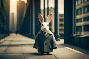 a rabbit wearing a suit and tie standing in the middle of a city street. AI-Generated photo