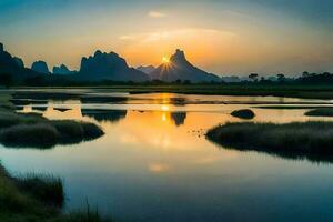 the sun rises over a river and mountains in china. AI-Generated photo