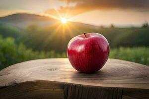 an apple sits on top of a wooden stump in front of a sunset. AI-Generated photo