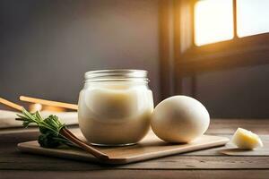 a jar of milk and two eggs on a wooden table. AI-Generated photo