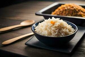 a bowl of rice with a spoon on a wooden table. AI-Generated photo