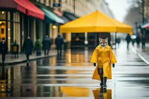 un zorro en un amarillo impermeable caminando abajo un calle. generado por ai foto