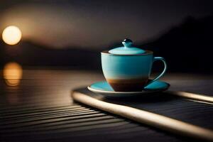 a cup of tea on a wooden table. AI-Generated photo