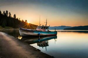 a boat sits on the shore of a lake at sunset. AI-Generated photo