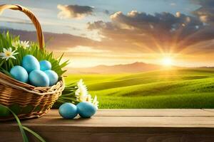 easter eggs in a basket on a wooden table. AI-Generated photo