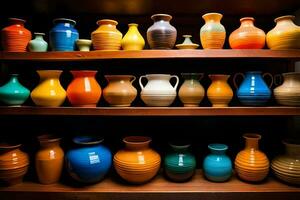 a shelf full of colorful vases on a wooden shelf. AI-Generated photo