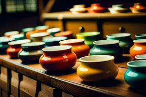 many colorful cups are lined up on a table. AI-Generated photo