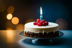 a birthday cake with a single candle. AI-Generated photo