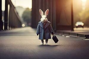 a rabbit in a suit and tie standing on a street. AI-Generated photo