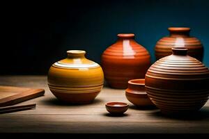 a group of vases and bowls on a wooden table. AI-Generated photo