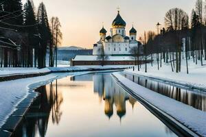 a river runs through a snowy forest with a church in the background. AI-Generated photo