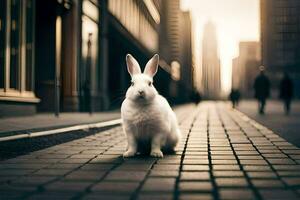 a white rabbit is sitting on the street in a city. AI-Generated photo