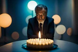 un hombre en un traje y Corbata se sienta a un mesa con un iluminado vela. generado por ai foto