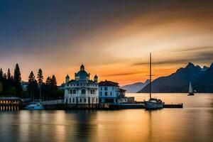 un hermosa puesta de sol terminado lago lugnano en Italia. generado por ai foto