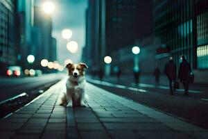 a dog sitting on the sidewalk in a city at night. AI-Generated photo