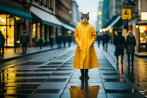 a fox wearing a yellow raincoat on a rainy street. AI-Generated photo