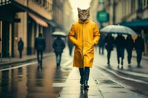 un gato vistiendo un amarillo impermeable caminando abajo un calle. generado por ai foto