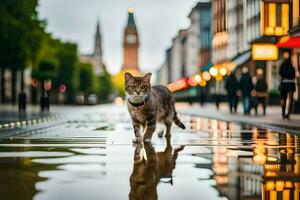 a cat walking across a wet street at night. AI-Generated photo