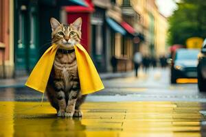 a cat wearing a yellow cape on a rainy street. AI-Generated photo