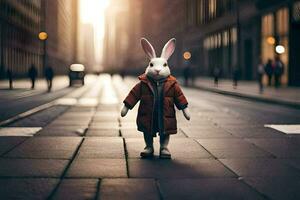 a rabbit wearing an orange coat stands on a street. AI-Generated photo