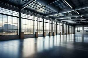 an empty industrial warehouse with large windows. AI-Generated photo