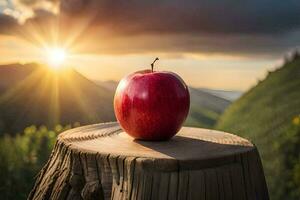 an apple sits on top of a stump in front of a sunset. AI-Generated photo