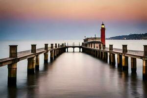 a long pier with a lighthouse at sunset. AI-Generated photo