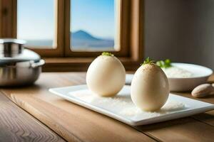 two eggs on a white plate with a view of the mountains. AI-Generated photo