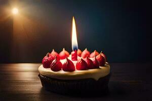 a birthday cake with a single candle. AI-Generated photo