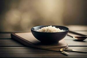 a bowl of rice on a wooden table. AI-Generated photo