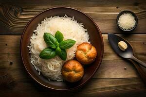 rice with bread and basil on a wooden table. AI-Generated photo