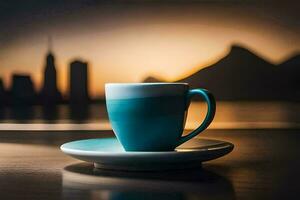 a blue coffee cup sits on a saucer in front of a city skyline. AI-Generated photo