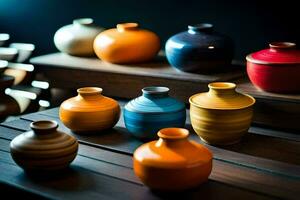 a row of colorful vases on a wooden table. AI-Generated photo