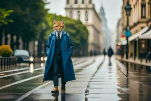 a fox wearing a blue coat and tie walking down a street. AI-Generated photo