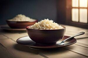 rice in a bowl and spoon on a wooden table. AI-Generated photo