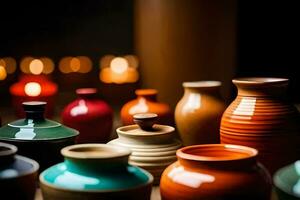 a group of colorful vases sitting on a table. AI-Generated photo