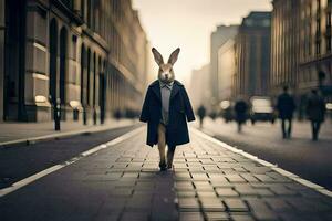 un Conejo vistiendo un Saco y Corbata caminando abajo un calle. generado por ai foto