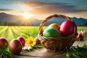 easter eggs in a basket on a grassy field. AI-Generated photo