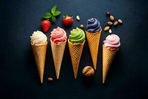 ice cream in cones on a dark background. AI-Generated photo