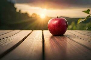 an apple sits on a wooden table in front of the sun. AI-Generated photo